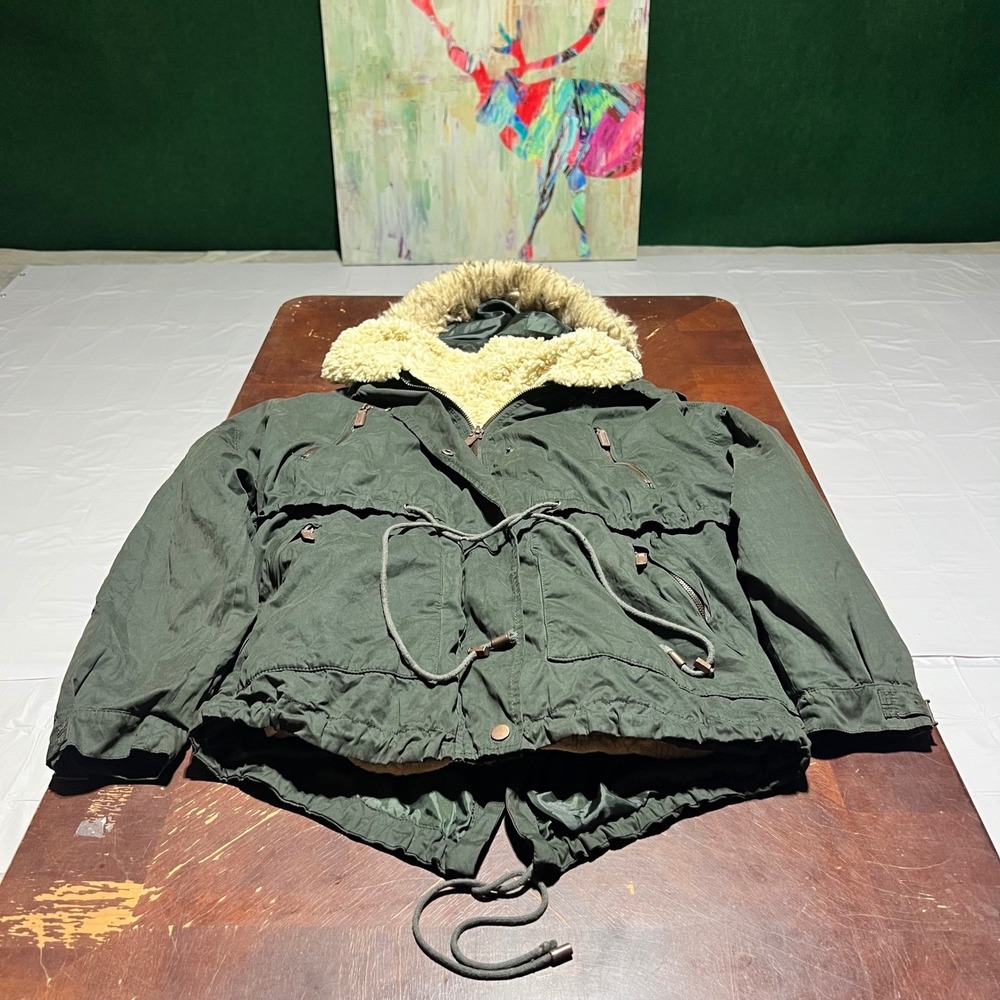 Zara Trafaluc Womens XS Forest Green Faux Shearling Lined Utility Parka Jacket